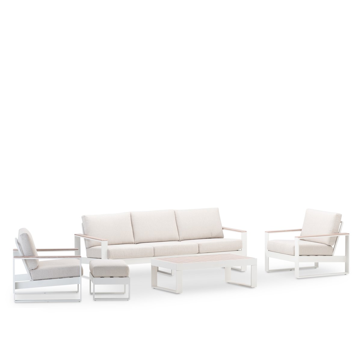 Salon de jardin 5 places avec pouf, MANHATTAN blanc, coussin beige, DEFORA HOME