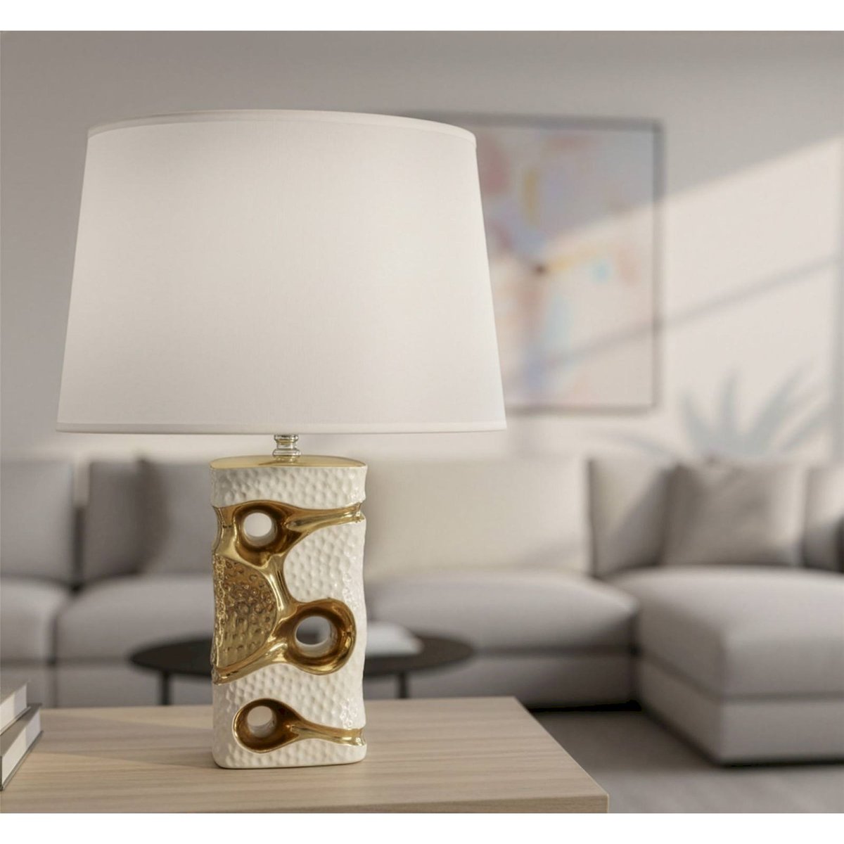 Lampe à poser en céramique ajourée GLAM blanc et or, RECOLLECTION