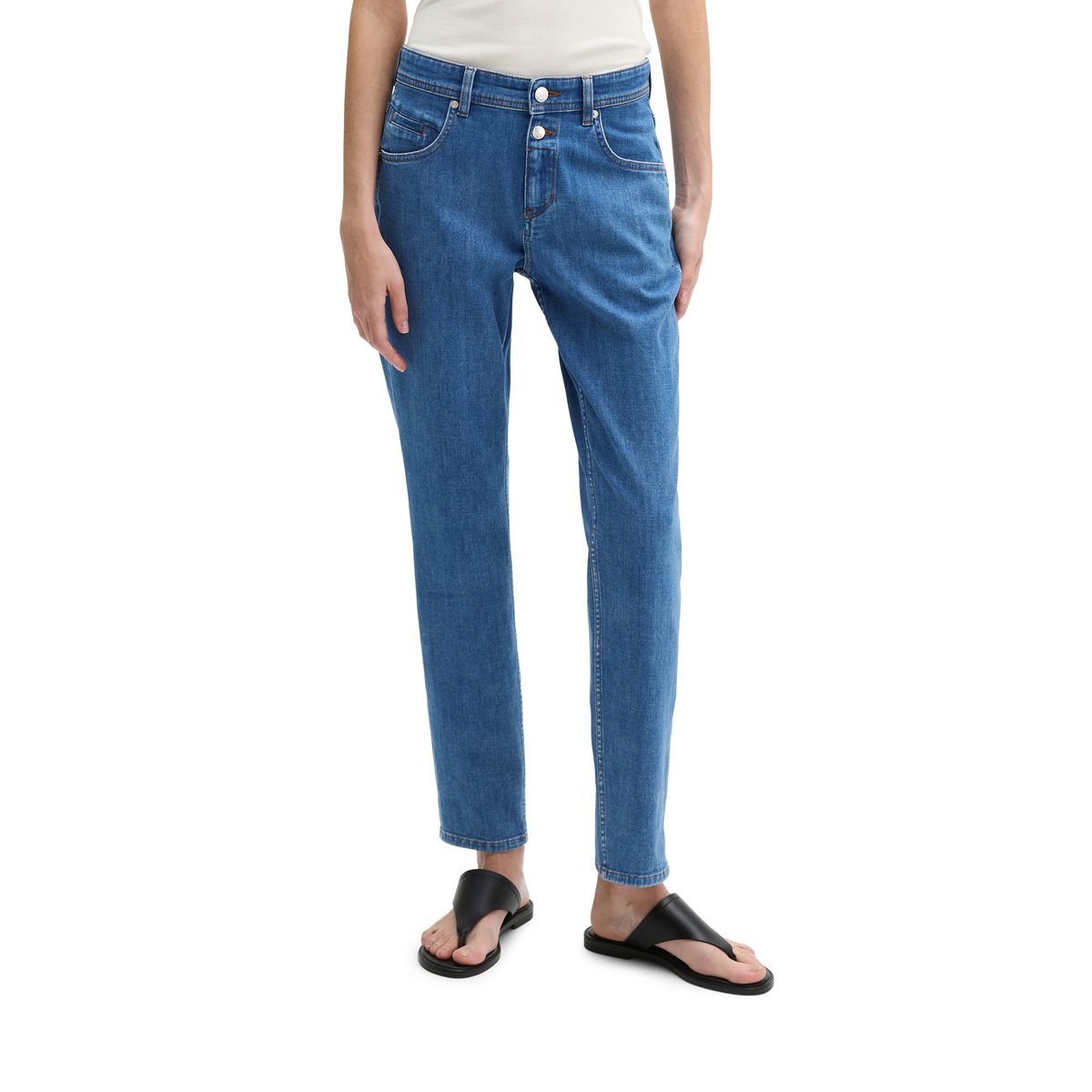 Jeans modèle Theda boyfriend cropped avec deux boutons bleu moyen, MARC O'POLO