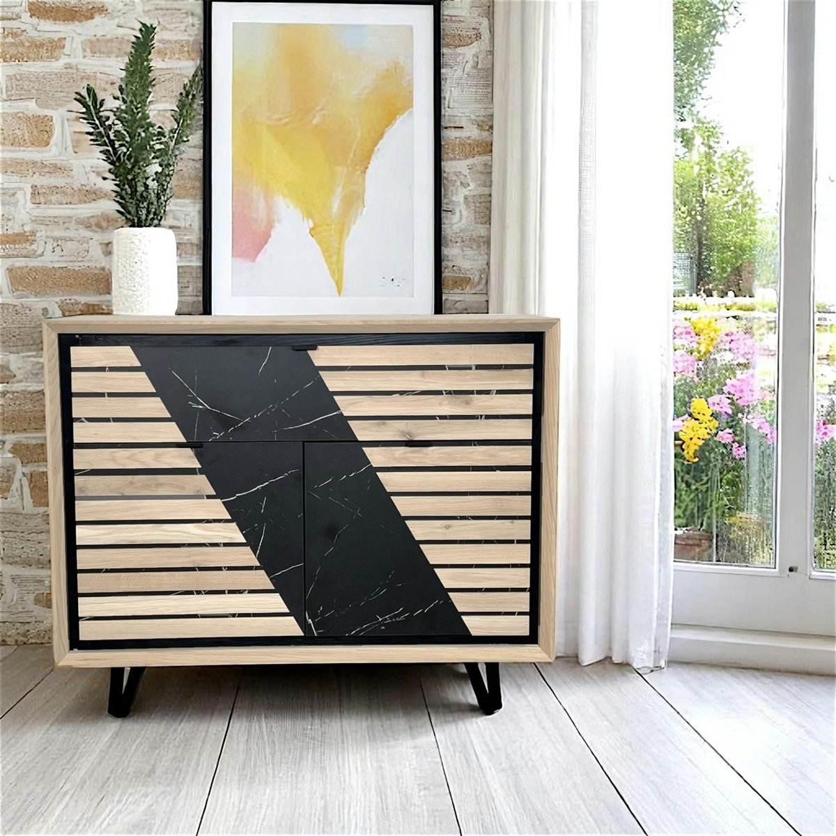 Buffet 2 portes chêne blanc décor graphique ESSEN chêne blanc, PIER IMPORT