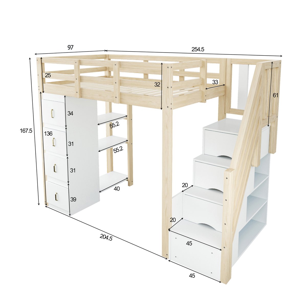 Lit mezzanine avec rangement, LOFTCOVEB blanc, MEUBLES COSY