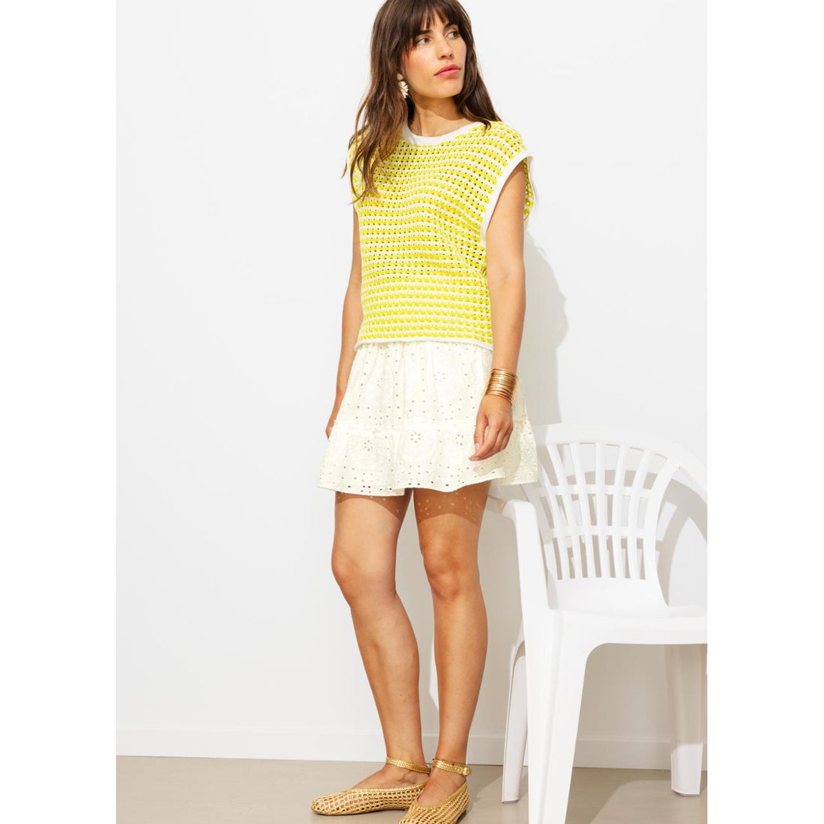 Mini-jupe en broderie anglaise ecru, PROMOD