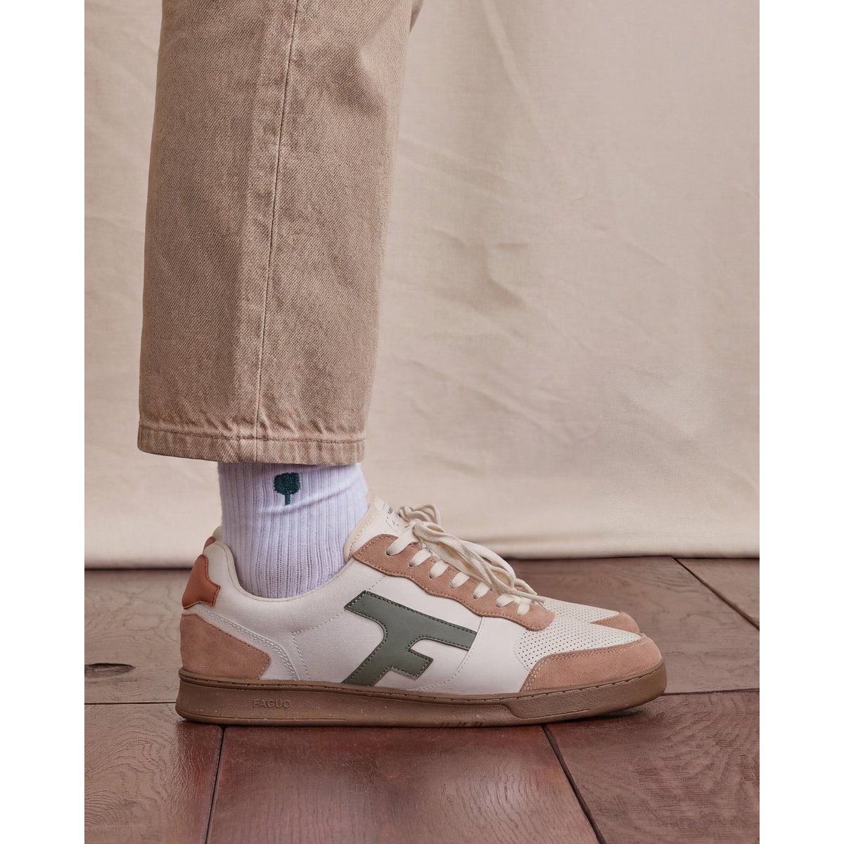 Baskets basses cuir suede HAZEL écru et kaki, FAGUO