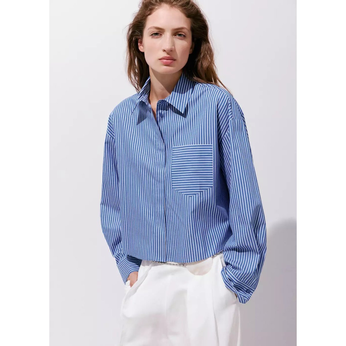 Chemise rayée poche bleu, MANGO
