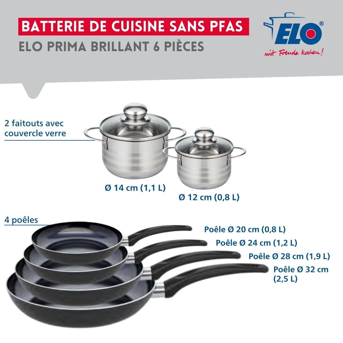 4 poêles 20/24/28/32cm + 2 faitouts 12/14cm PRIMA BRILLANT noir, ELO