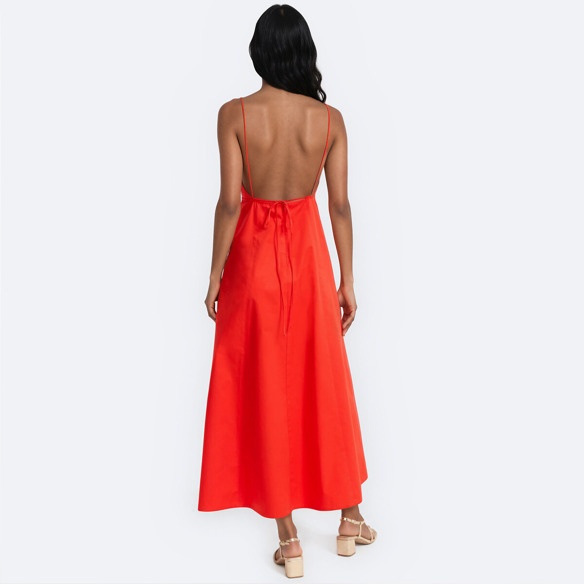 Lange jurk met V-hals en dunne schouderbandjes oranjerood, LA REDOUTE COLLECTIONS