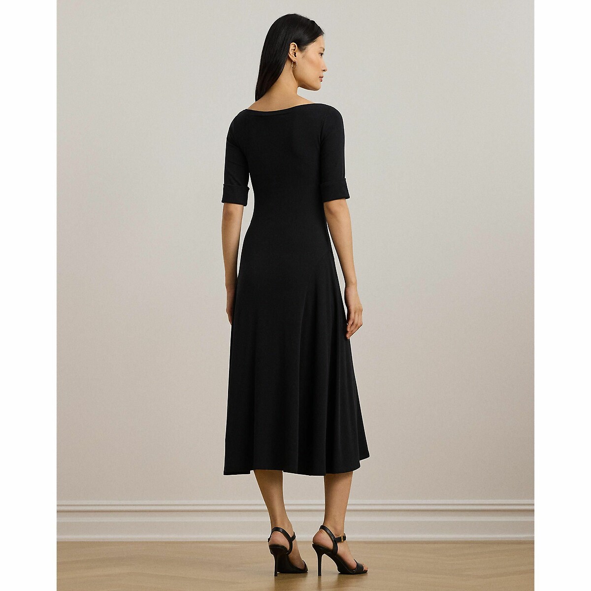 Abito longuette con collo a barchetta e maniche al gomito nero , LAUREN RALPH LAUREN
