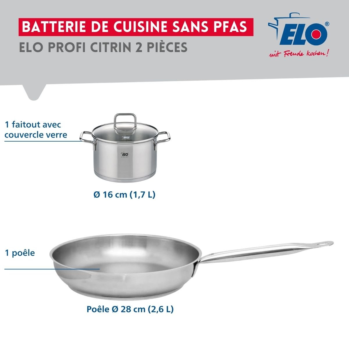 Batterie de cuisine 1 poêle 28cm + 1 faitout 16cm PROFI CITRIN inox, ELO