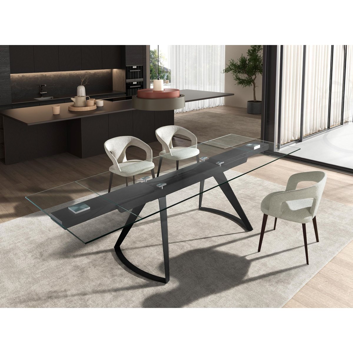 Table à manger extensible rectangulaire en verre trempé et acier noir | verre, ANGEL CERDA