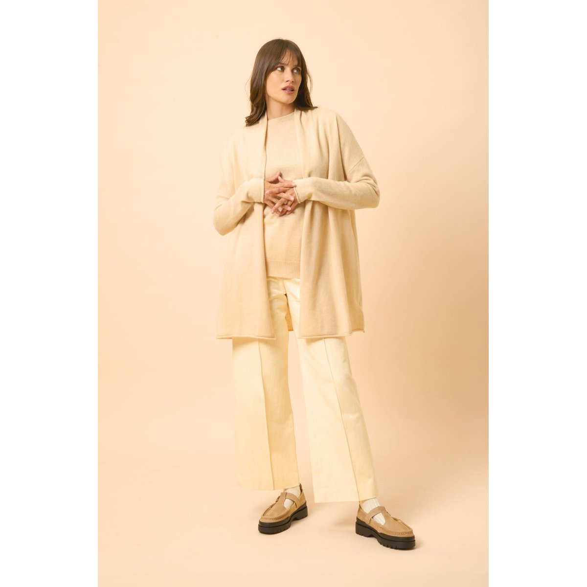 Gilet Long Ouvert Col Châle Sable Maddie beige, JUST CASHMERE