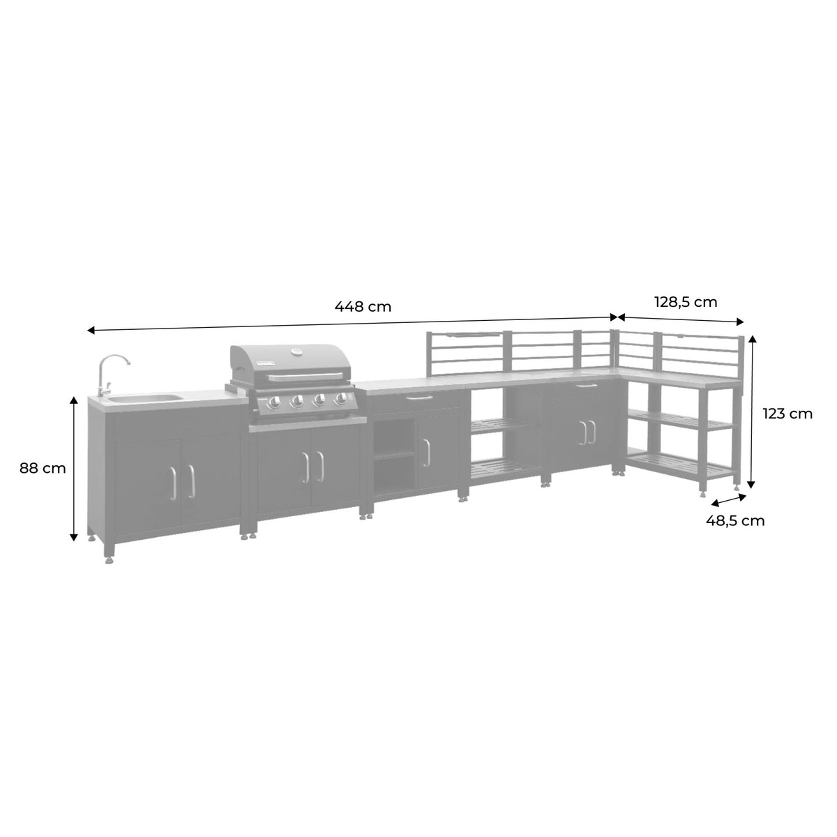 Cuisine d'extérieure 7 modules avec barbecue gaz 4 brûleurs sur pieds, thermomètre GRIMAUD BARBECUE GAZ + 7 MODULES noir, SWEEEK
