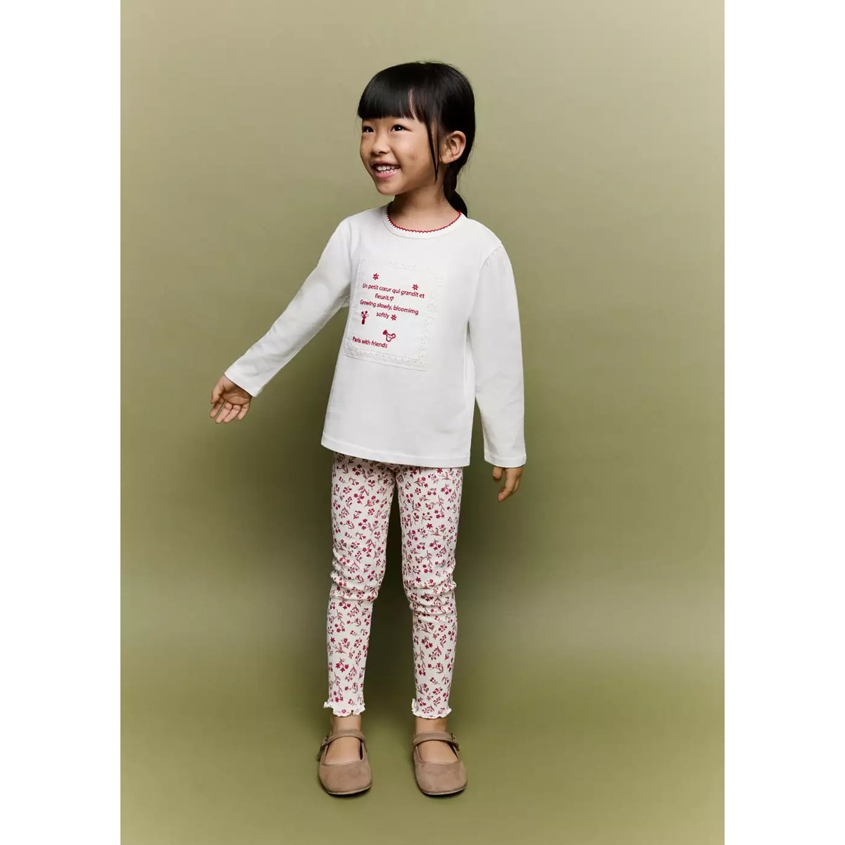 Legging maille côtelée à fleurs blanc cassé, MANGO BABY