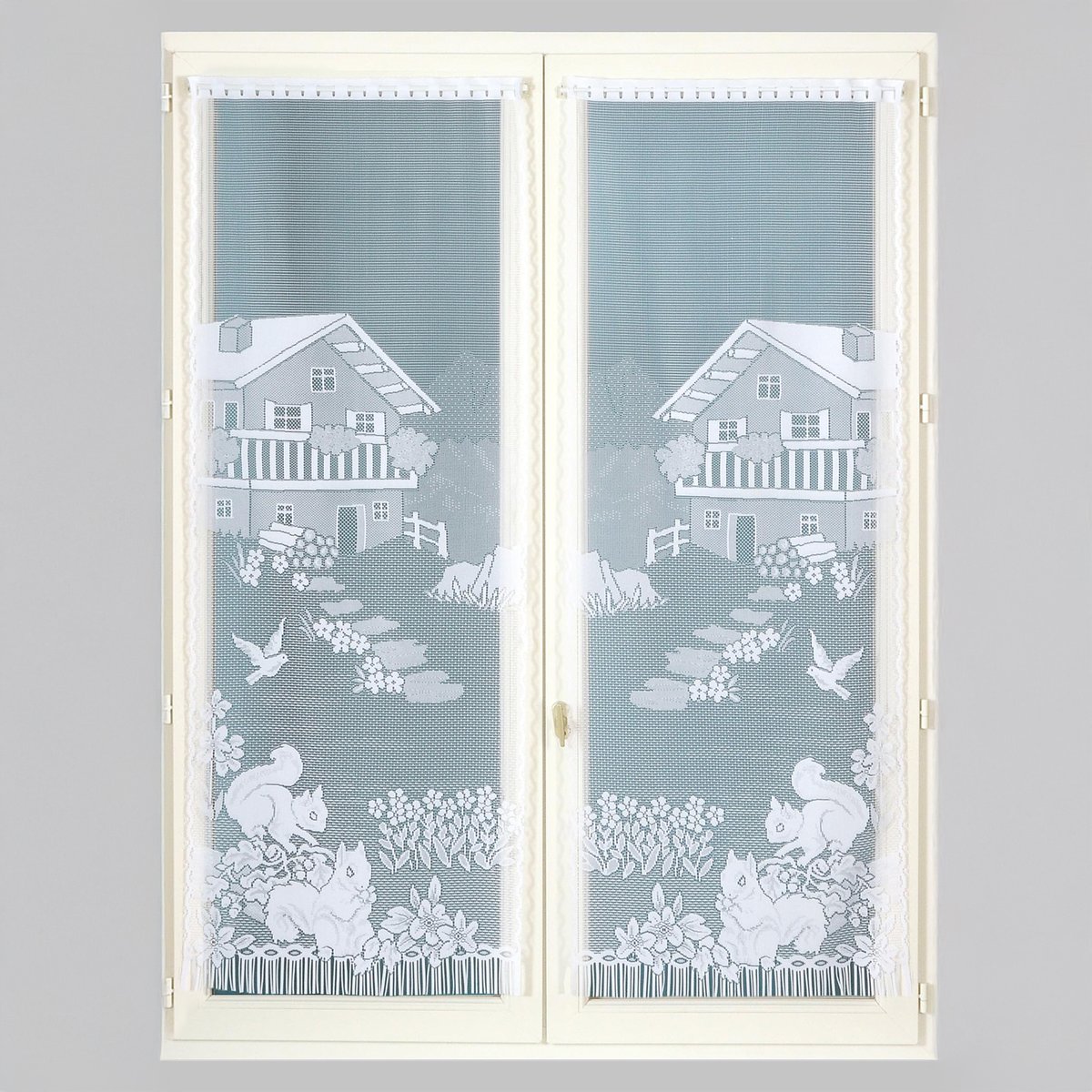 Paire de vitrages frangés en dentelle chalet et animaux blanc, HOME MAISON
