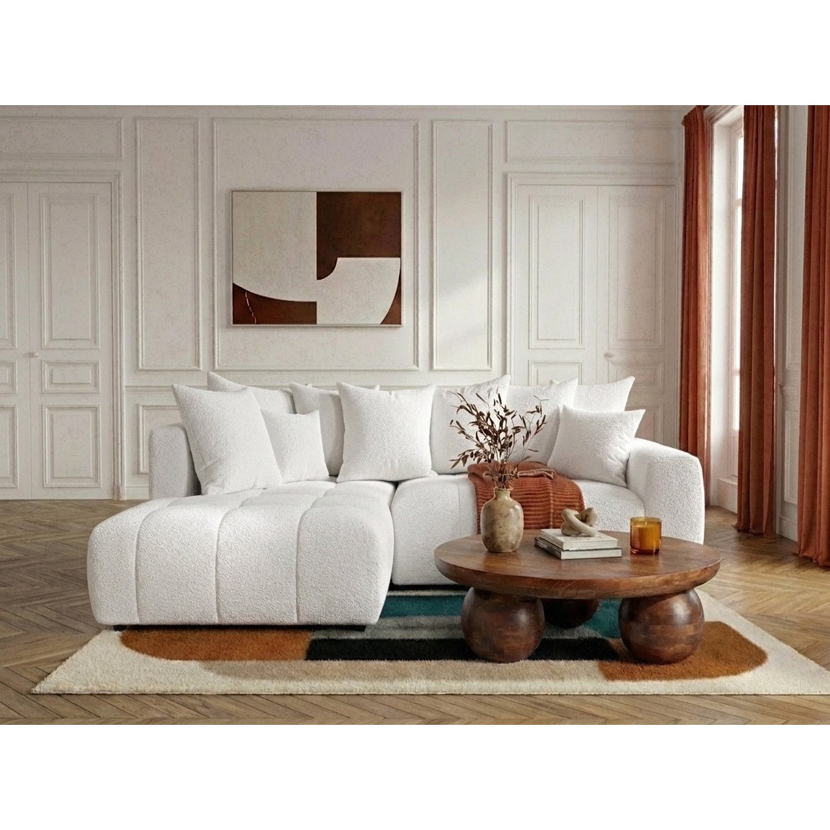 Canapé d'angle convertible 4 places en tissu bouclette, ROXELANE blanc, BOBOCHIC
