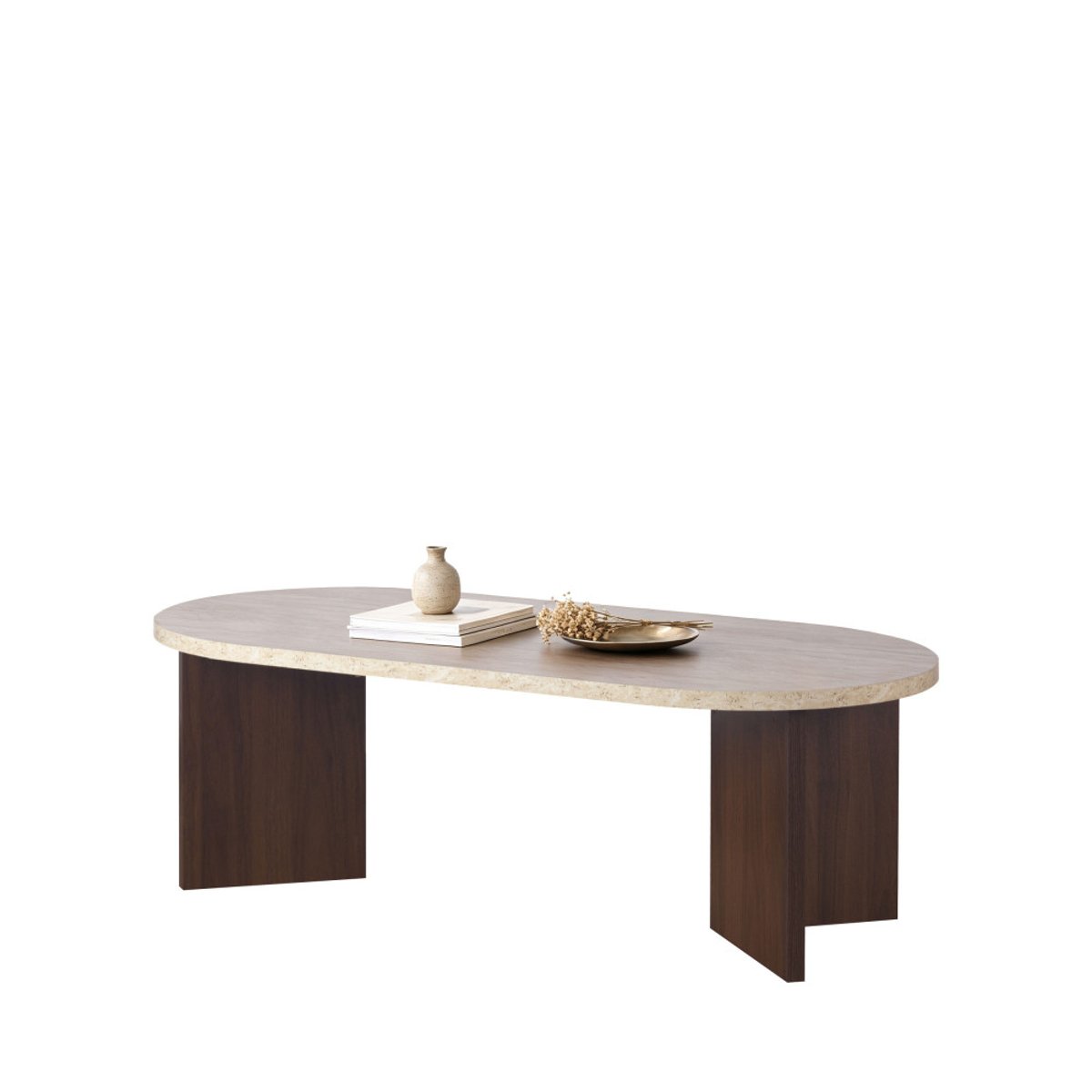 Table basse ovale en bois et effet travertin- CALIAN beige, DRAWER