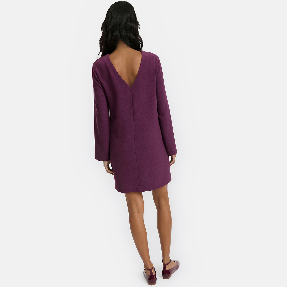 Vestido corto y recto de manga larga violeta ciruela, LA REDOUTE COLLECTIONS