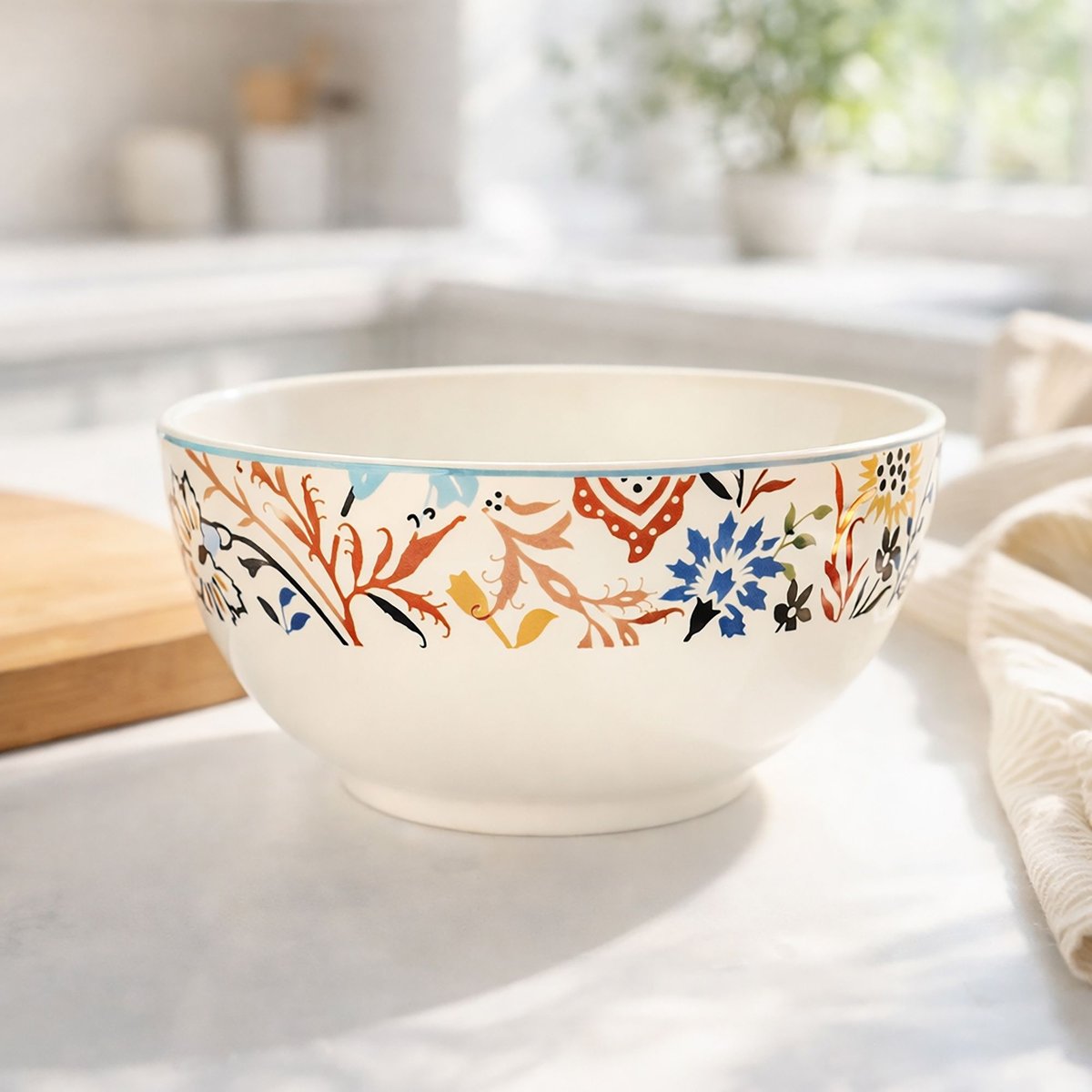 Lot de 6 bols à motif floral en grès 60cl, JAIPUR beige-bleu-orange, NOVASTYL