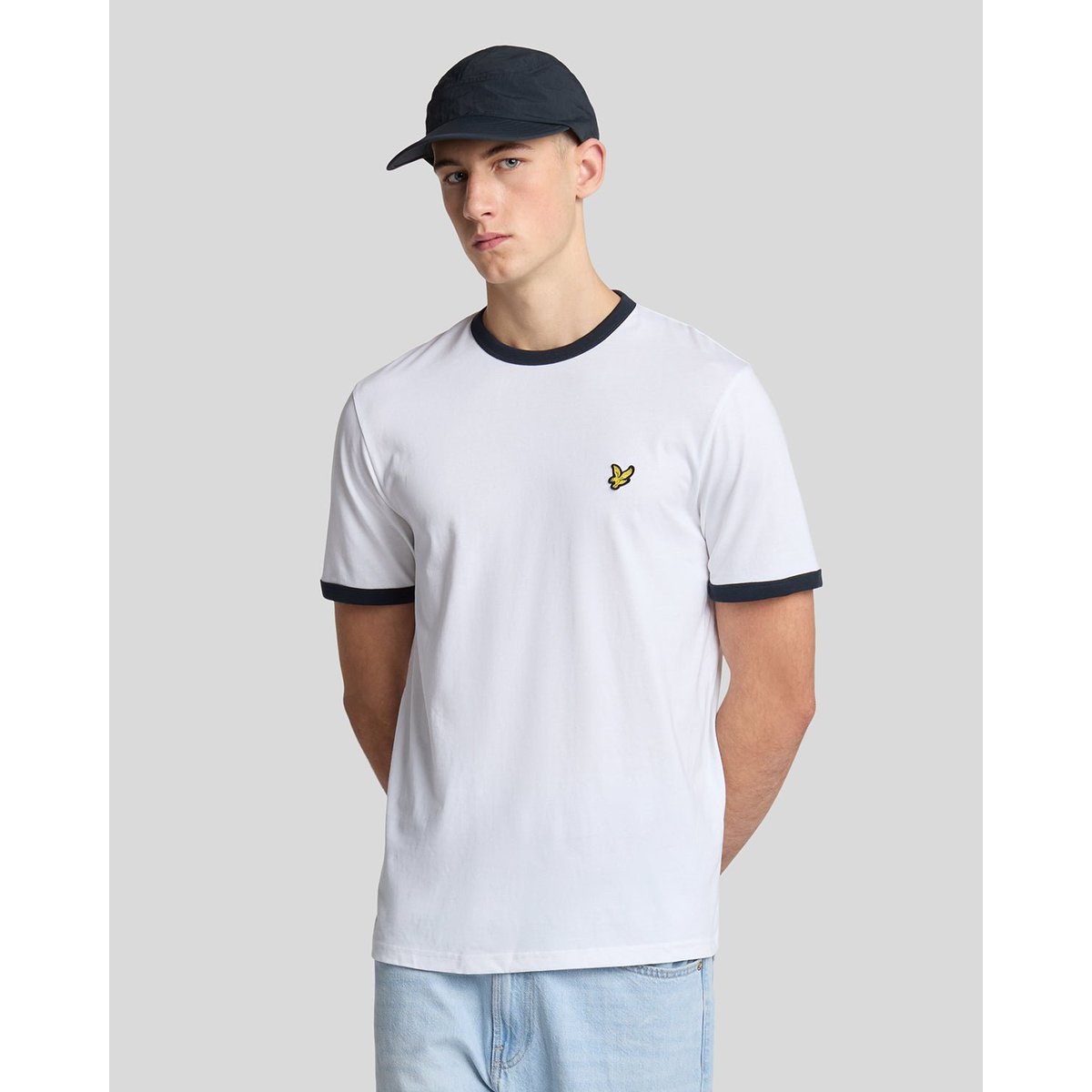 T-shirt ringer en coton col rond blanc/ foncé marine, LYLE & SCOTT