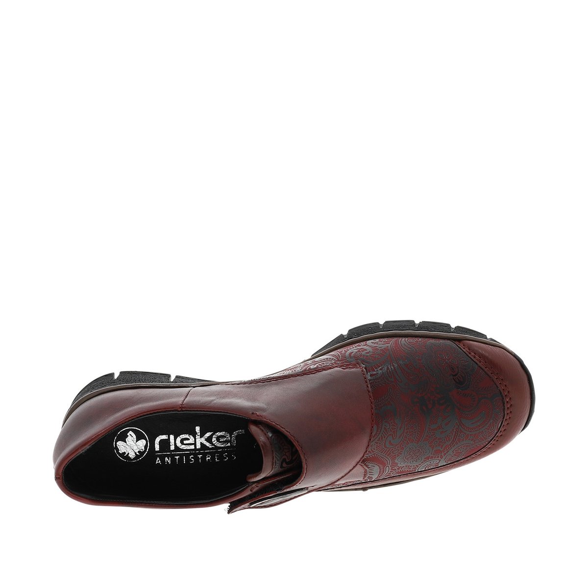 Mocassins en cuir bordeaux à semelle semi-compensé et talon plat avec fleurs noires imprimées bordeaux, RIEKER