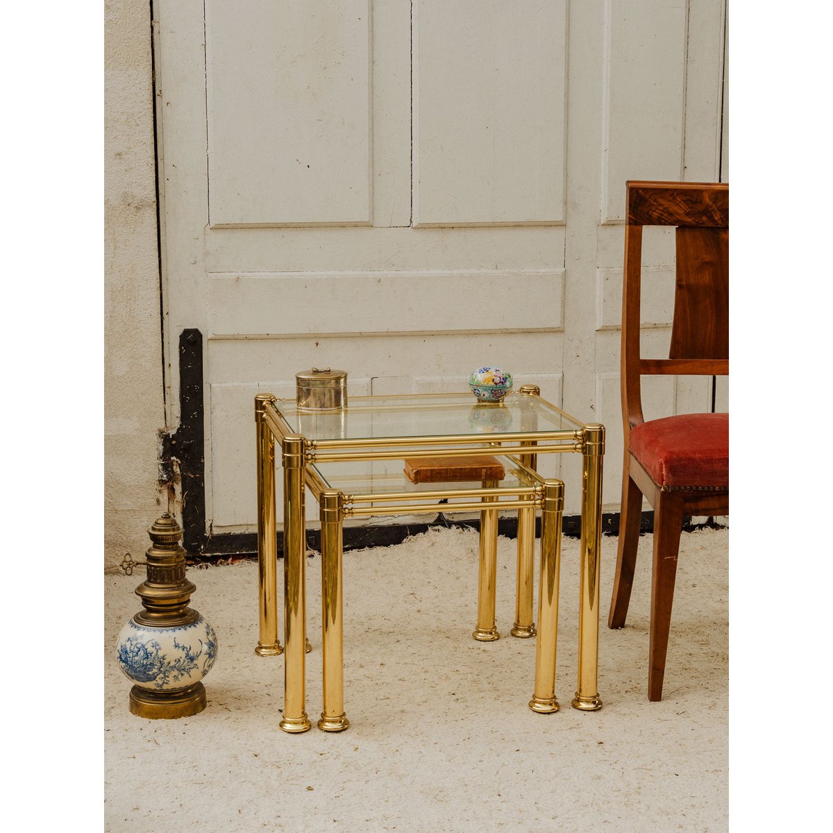 Tables gigognes en laiton et verre Barbara N°221 - Bon état doré, DEBONGOUT