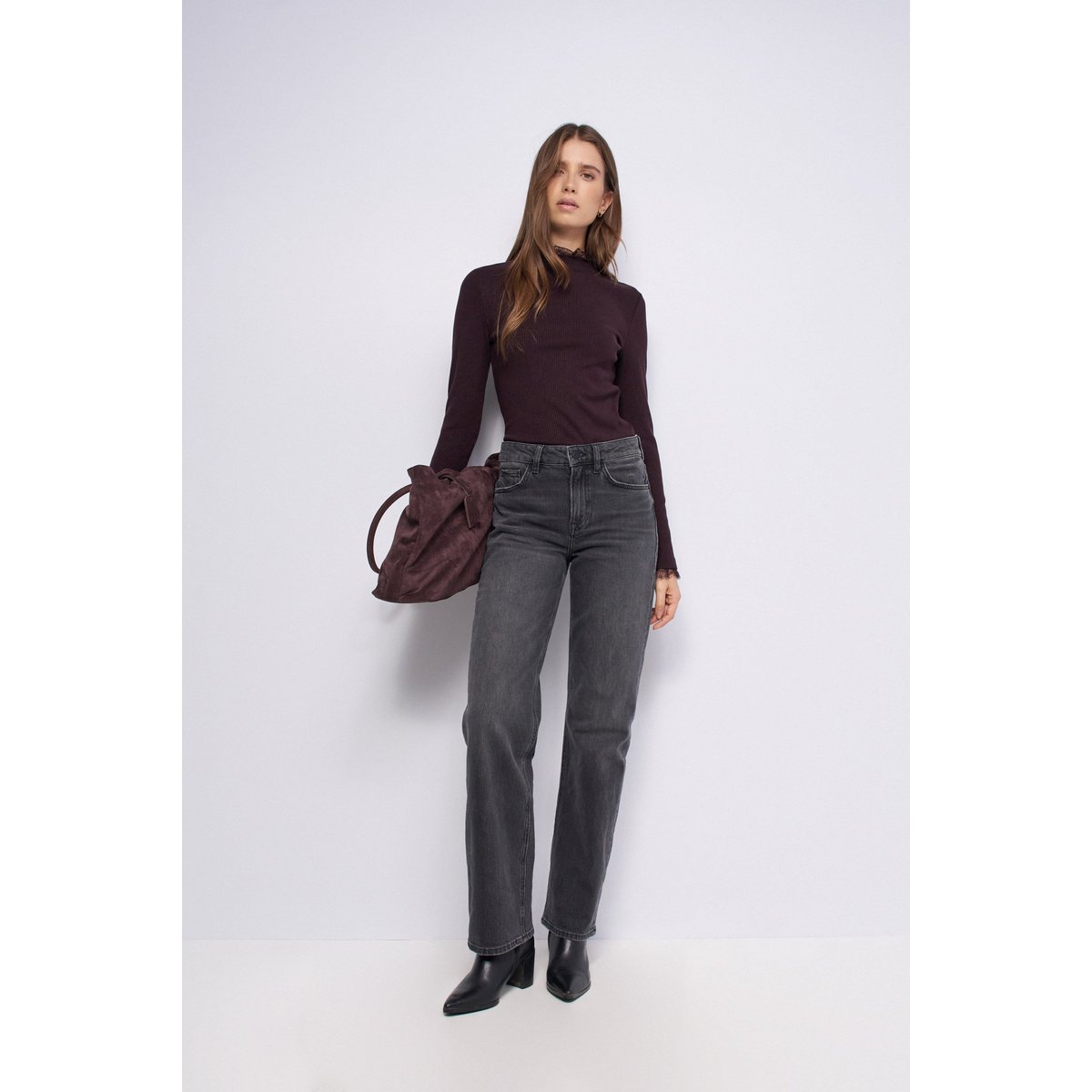 PULL EN MAILLE CÔTELÉE AVEC DENTELLE marron, SALSA JEANS