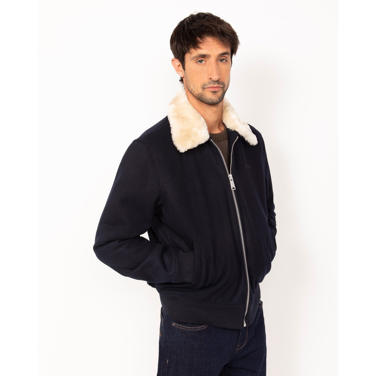 Blouson pilote en laine mélangée bleu marine, SCHOTT