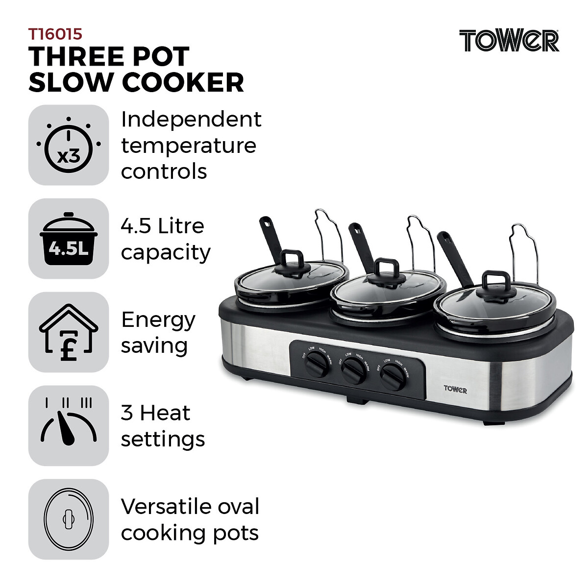 Three Pot 4.5L Slow Cooker - T16015 black, TOWER