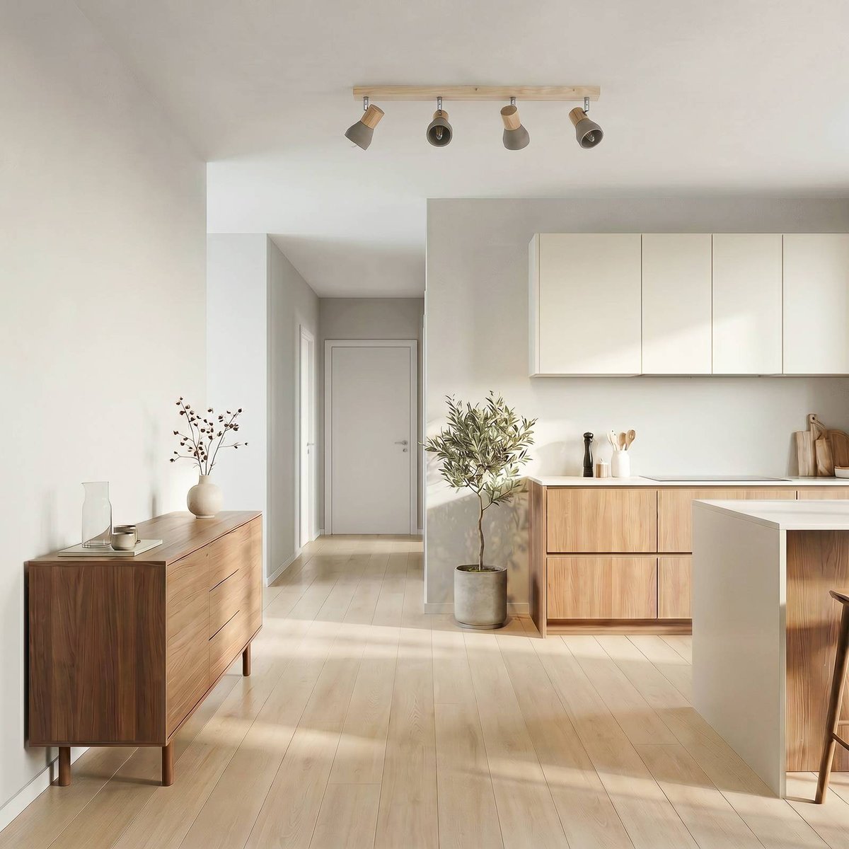 Spot scandinave, Filiz gris béton, bois clair, nickel satiné, LINDBY