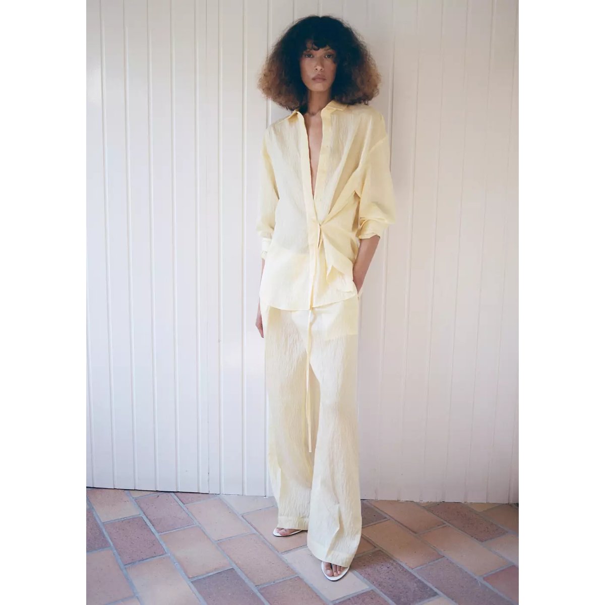 Pantalon Lyocell rayures jaune pastel, MANGO