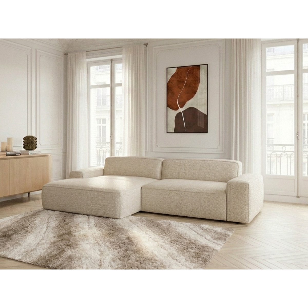 Canapé d'angle convertible 3 places en tissu chiné, ABEL beige, BOBOCHIC