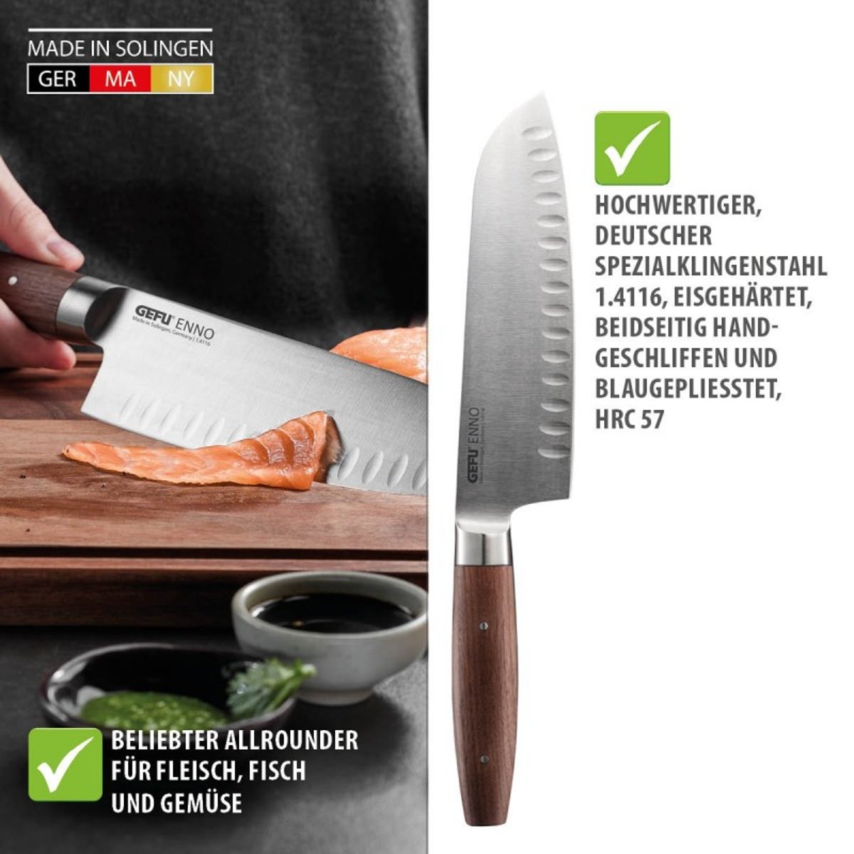 Couteau Santoku alvéolé Enno 18 cm avec lame cannelée en acier argent et marron, GEFU