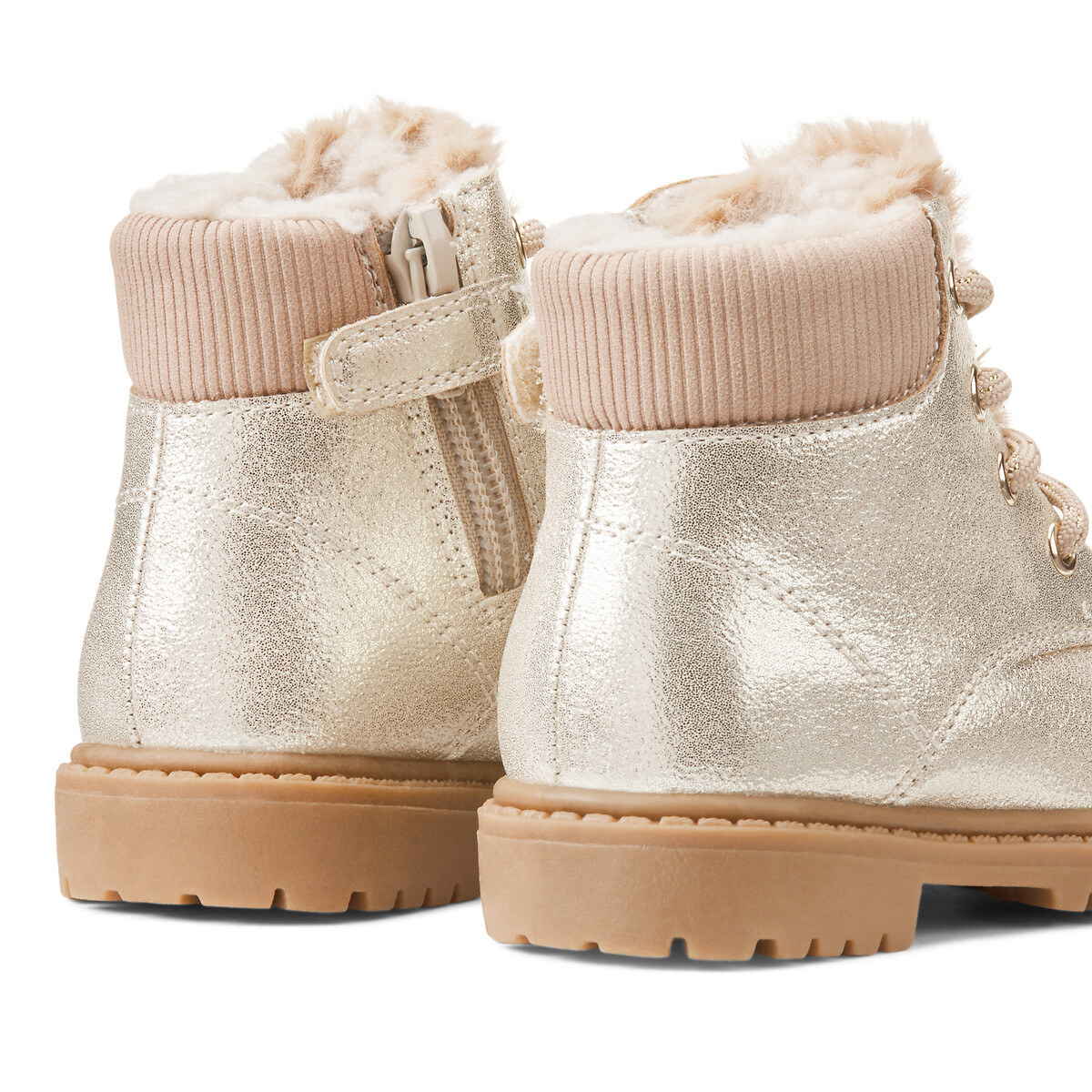 Kids Zipped Ankle Boots with Faux Fur Lining and Laces gold-coloured, LA REDOUTE COLLECTIONS