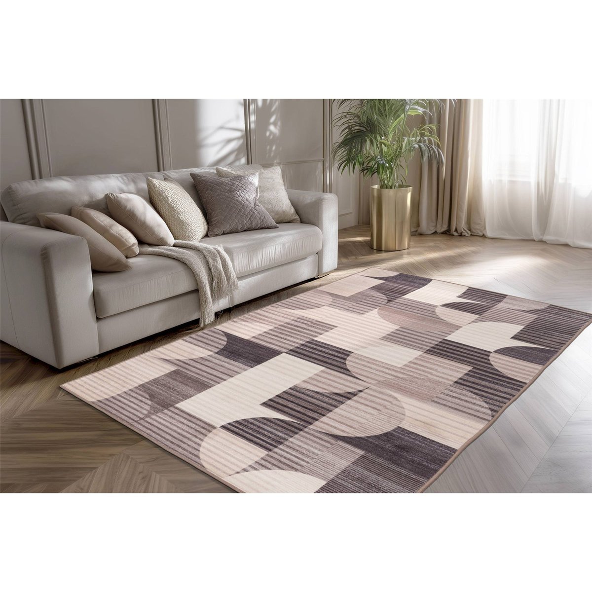 Tapis rectangulaire motif géométrique taupe gris chaud et beige clair, ARTE ESPINA