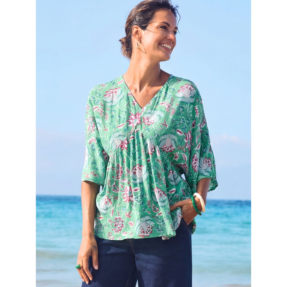 Blouse fluide coupe ample imprimé fond vert, DAXON