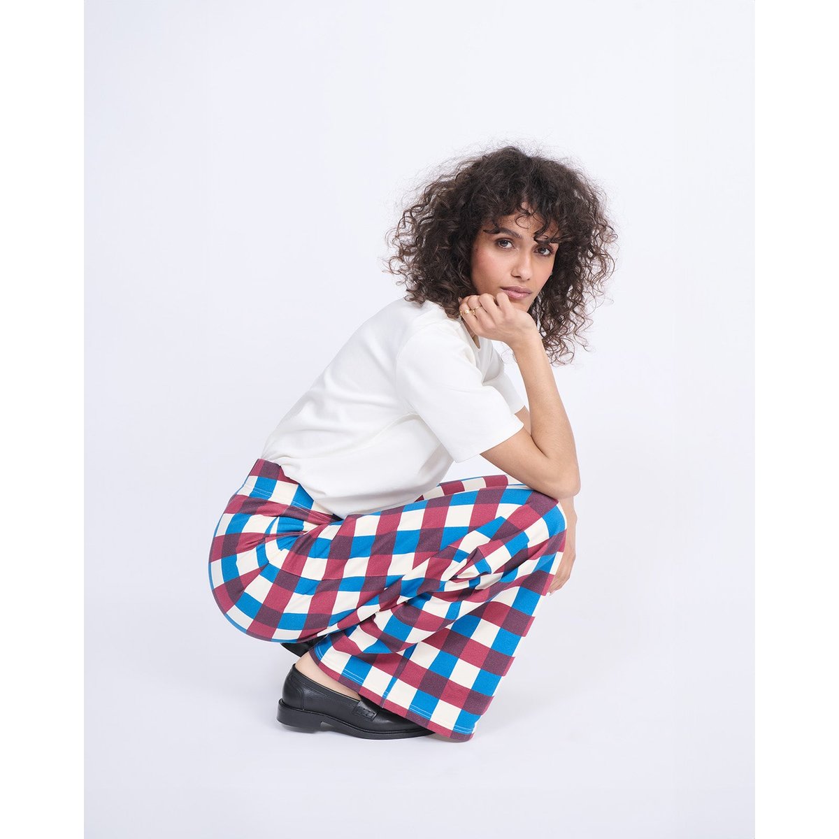 Pantalon en coton bio imprimé vichy multicolore garden vichy, EMOI EMOI