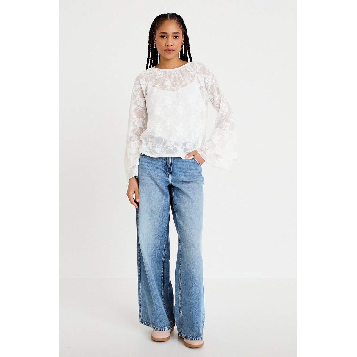 Blouse col rond manches longues dentelle ecru, CACHE CACHE