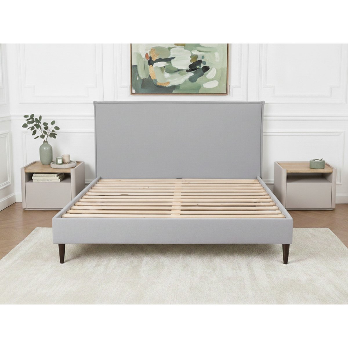 Lit bois revêtement tissu, SARY gris, BOBOCHIC