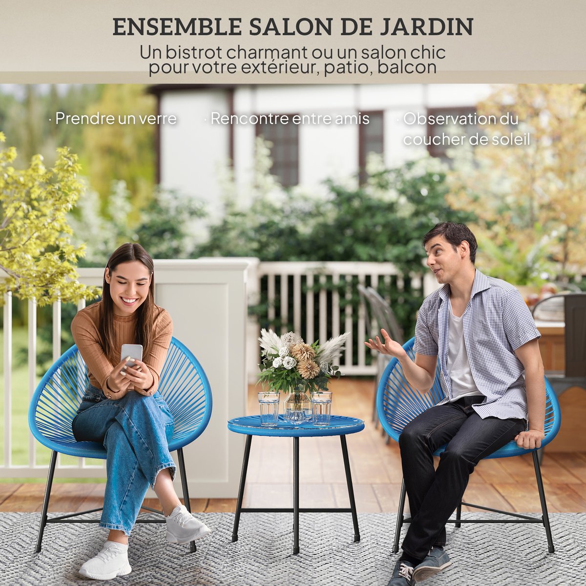 Ensemble de bistro en rotin Acier Bleu bleu, OUTSUNNY