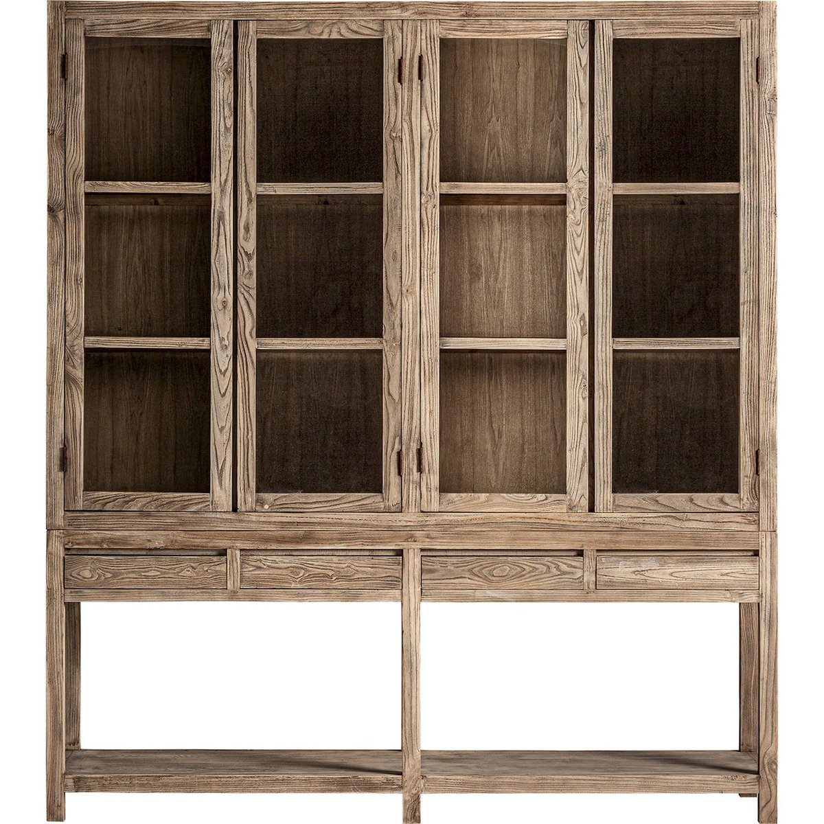 Vitrine en bois d'orme, Style colonial brun clair finition vieilli, RECOLLECTION