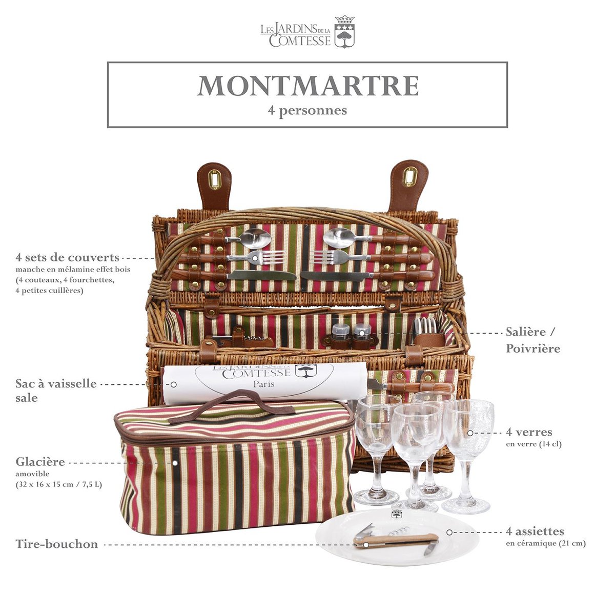 Panier pique-nique Montmartre 4 pers rayures multicolor, LES JARDINS DE LA COMTESSE