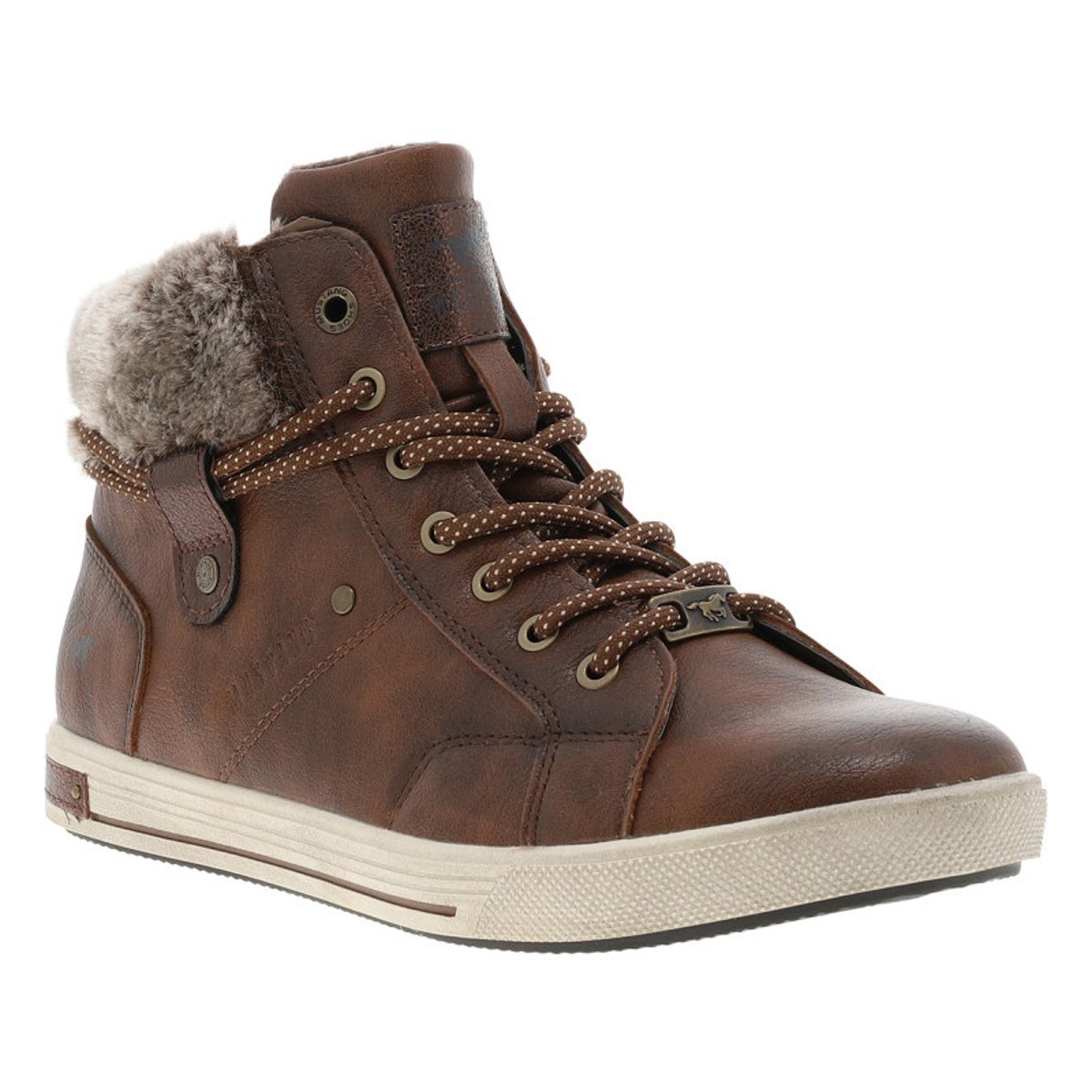 Tennis marron texturé à talon plat avec un zip et des lacets ronds marron, MUSTANG