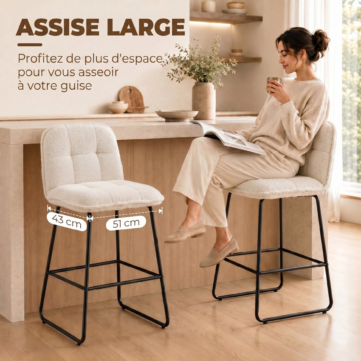 Tabouret de bar Tissu bouclette (100% crème, HOMCOM