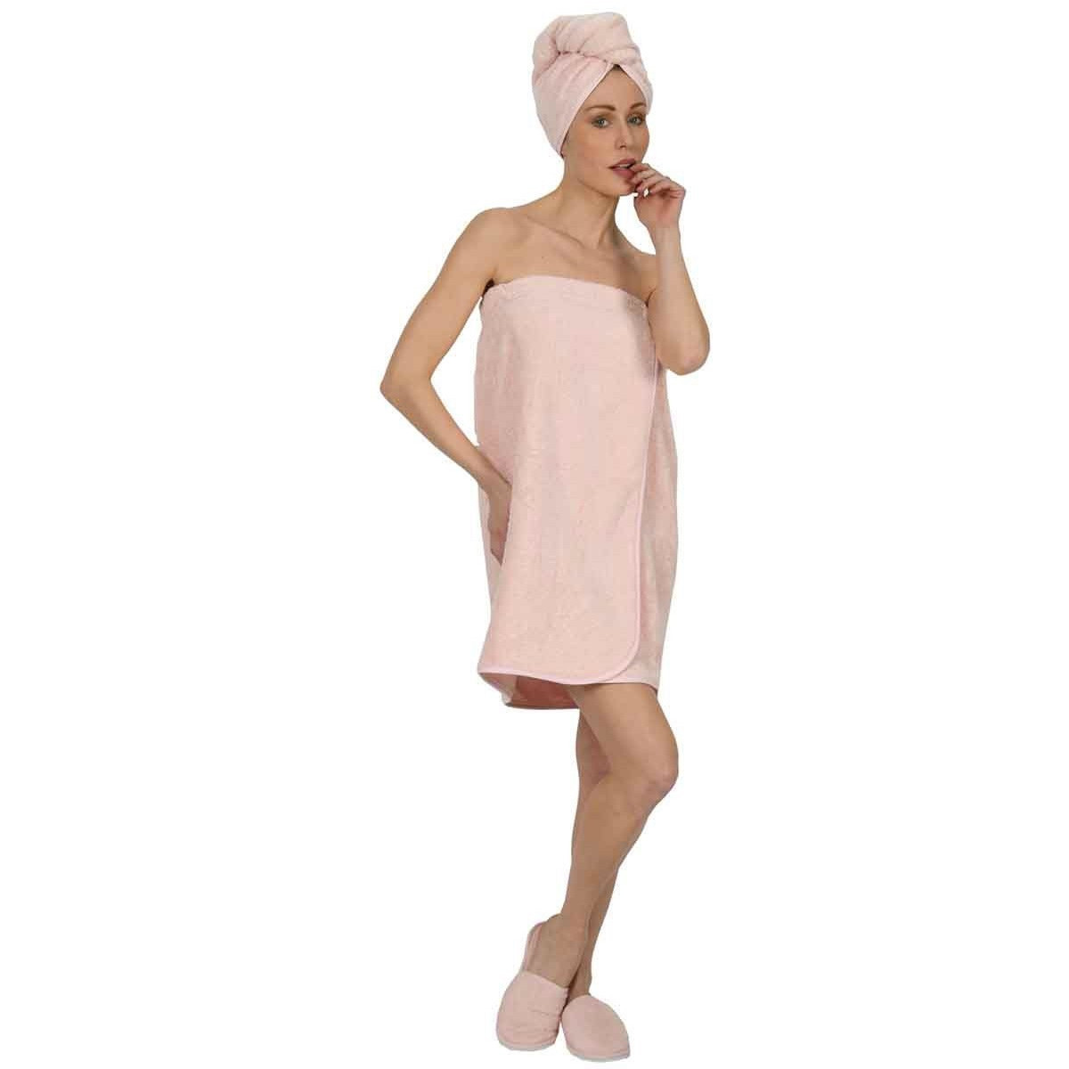 Ensemble Paréo 3 pièces : 1 paréo de bain + 1 bonnet + 1 paire de mules LUXURY rose indien, SENSEI MAISON