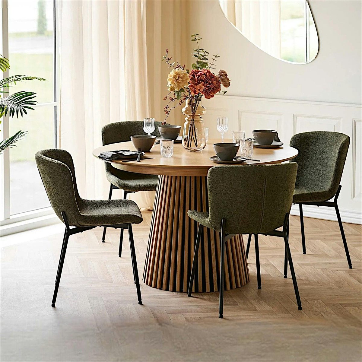Ensemble table et chaises vertes bouclette (lot de 5 pièces) AMSTERDAM bois naturel, PIER IMPORT