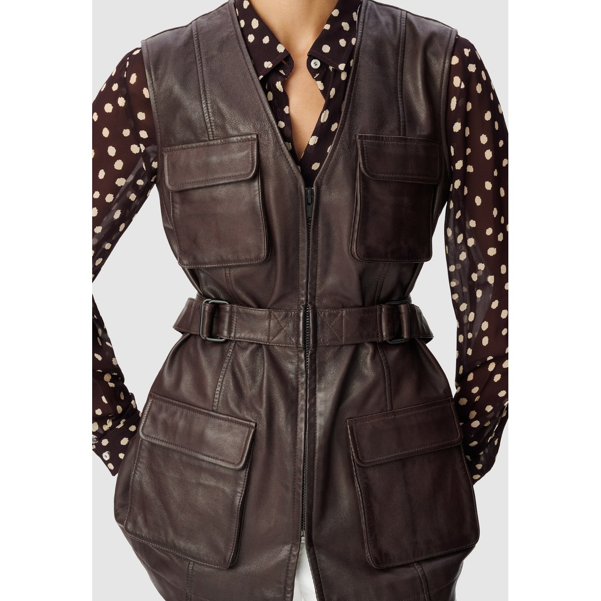 Saharienne cuir ceinturée marron foncé, IKKS