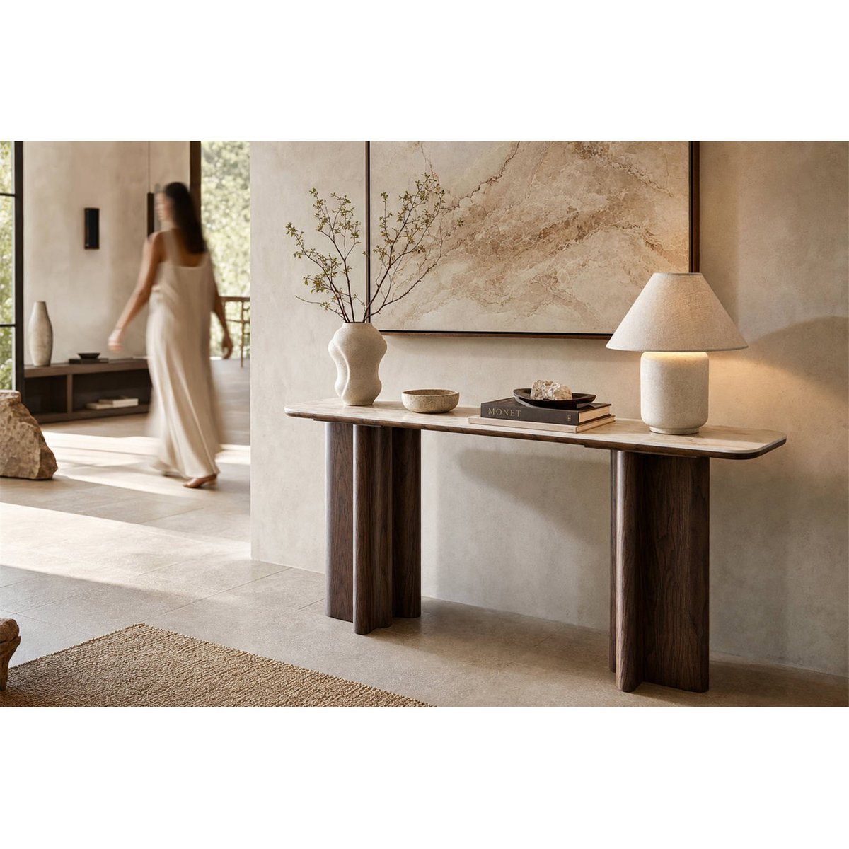 Console contemporaine effet marbre et bois brun et beige effet marbre, RECOLLECTION