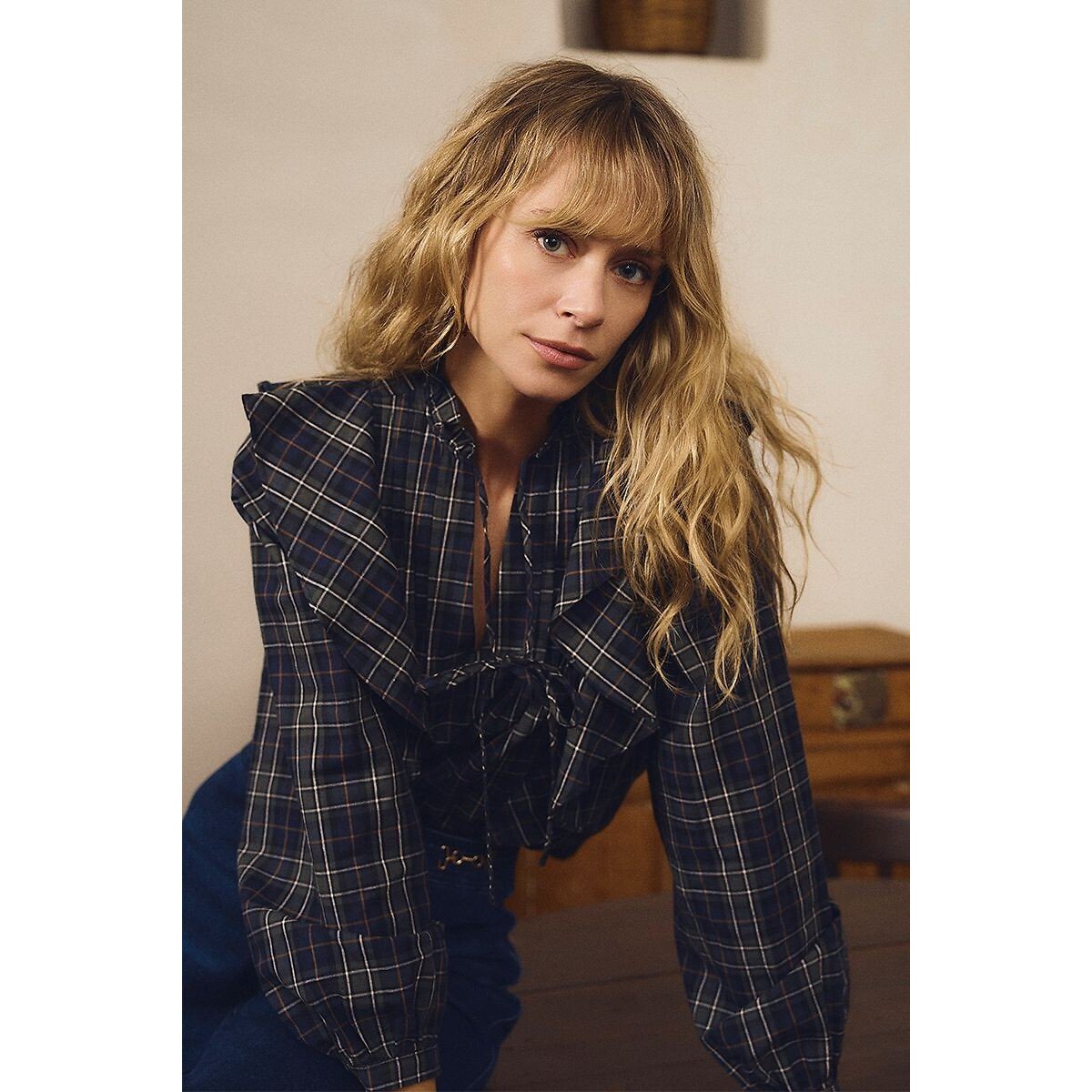 Geruite blouse met ruches geruit blauw, MOLLY BRACKEN
