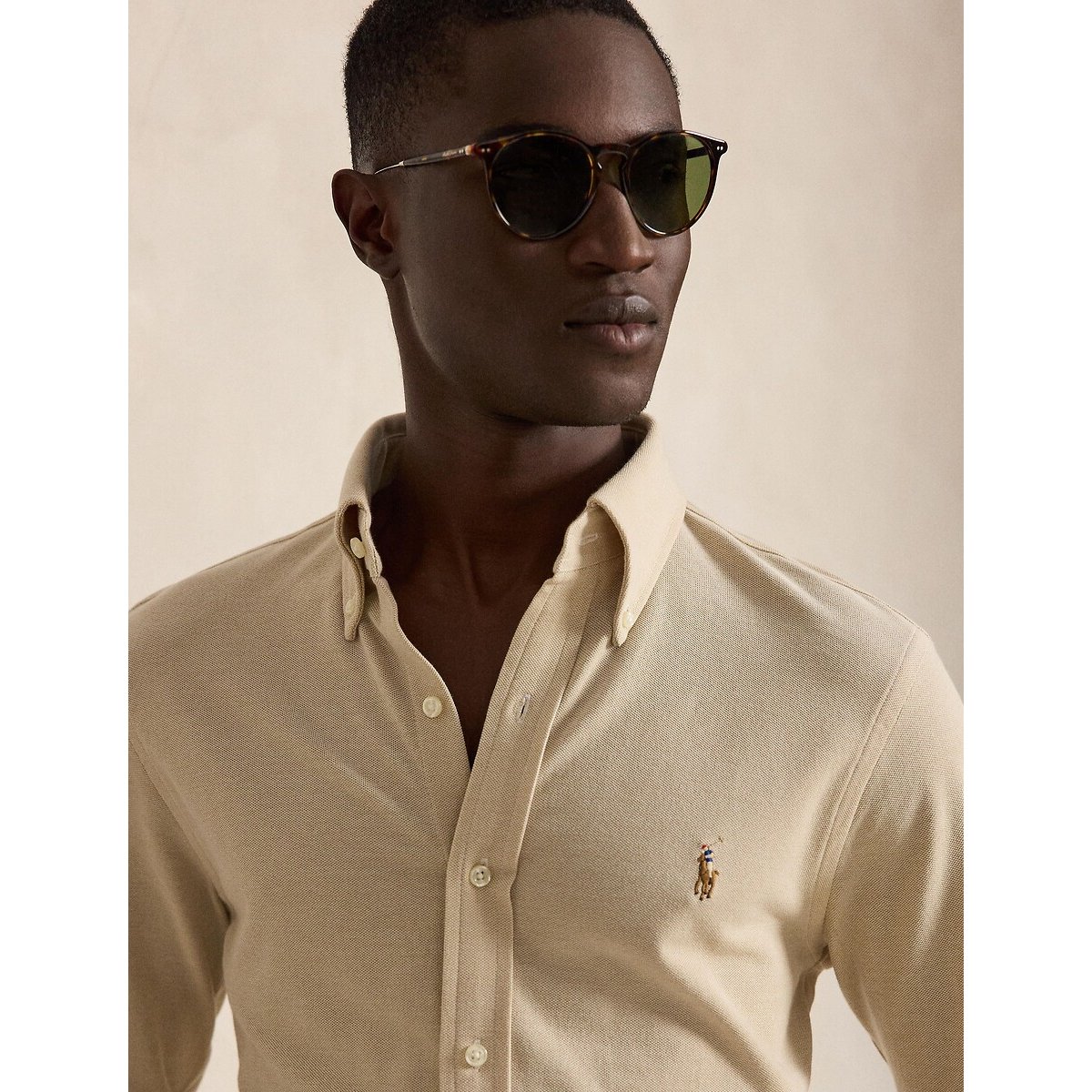 Camicia ultraleggera in cotone piqué beige, POLO RALPH LAUREN