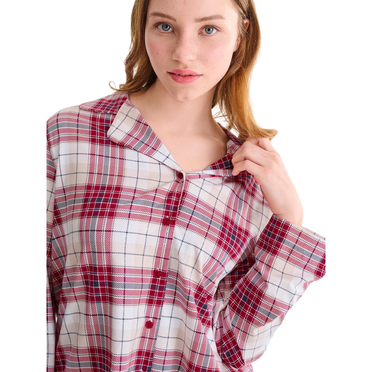 Haut pyjama chemise manches longues COSY NIGHTS rouge, LISCA