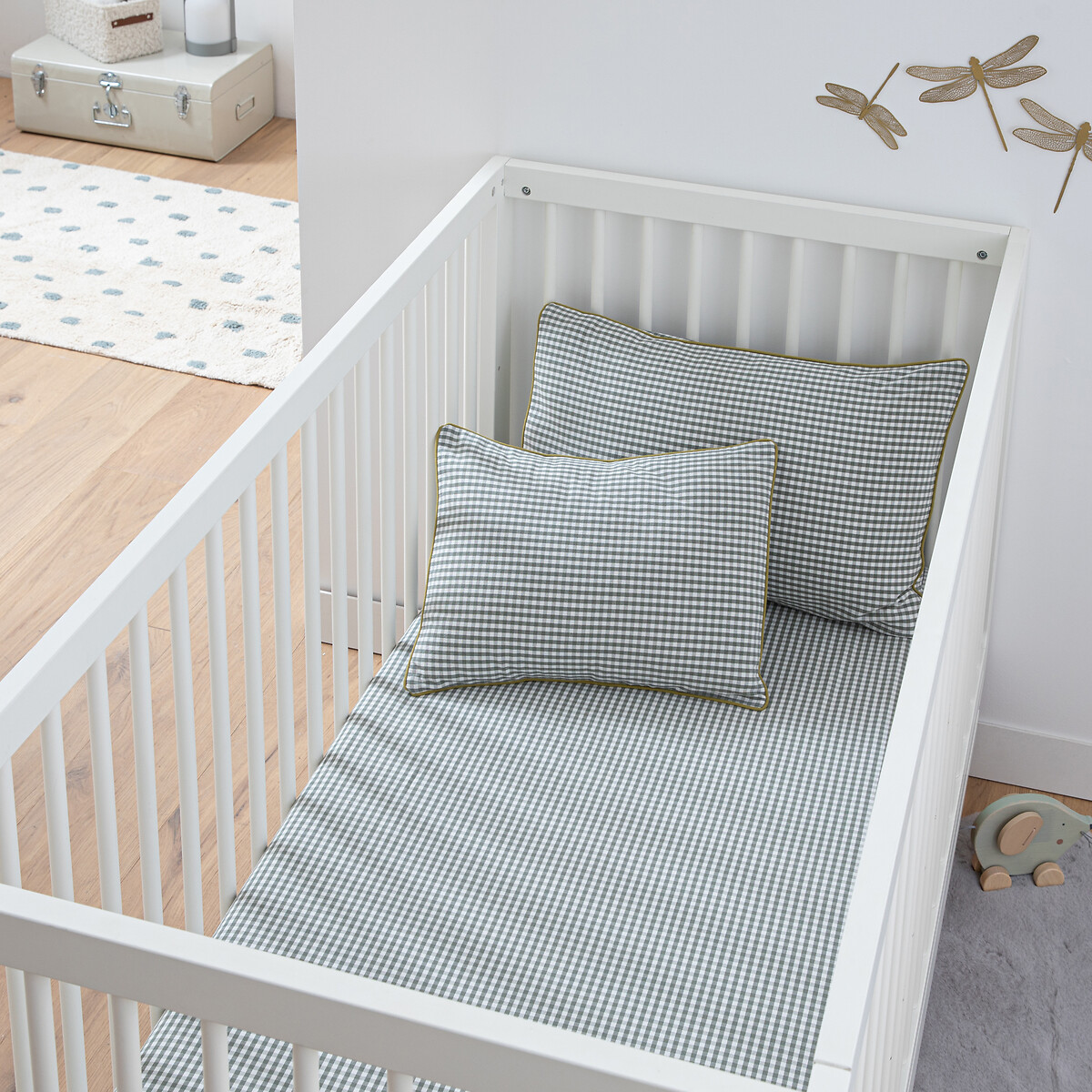 Baby's Tiny Vichy Fitted Sheet in Cotton, 17cm Flap green gingham, LA REDOUTE INTERIEURS
